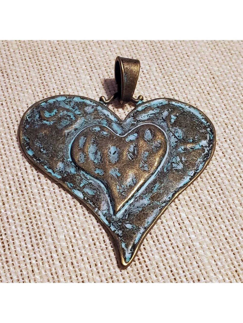 Antique Bronze Hammered Verdigris Green Patina Large Carved Heart Pendant
